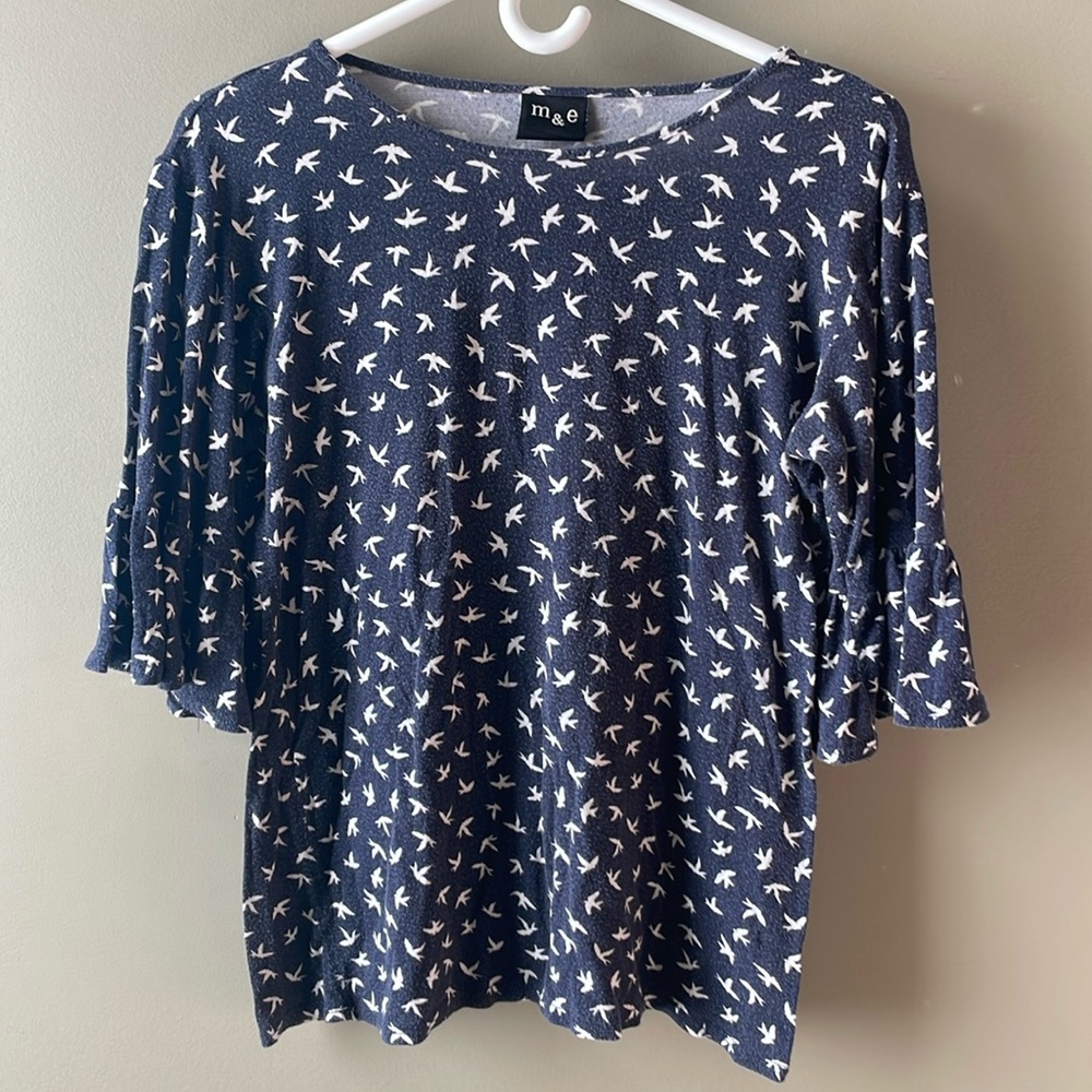M & E Ladies Tops Bird Print Blouse Dove Flowy Shirt Ruffle Mid Length Sleeves